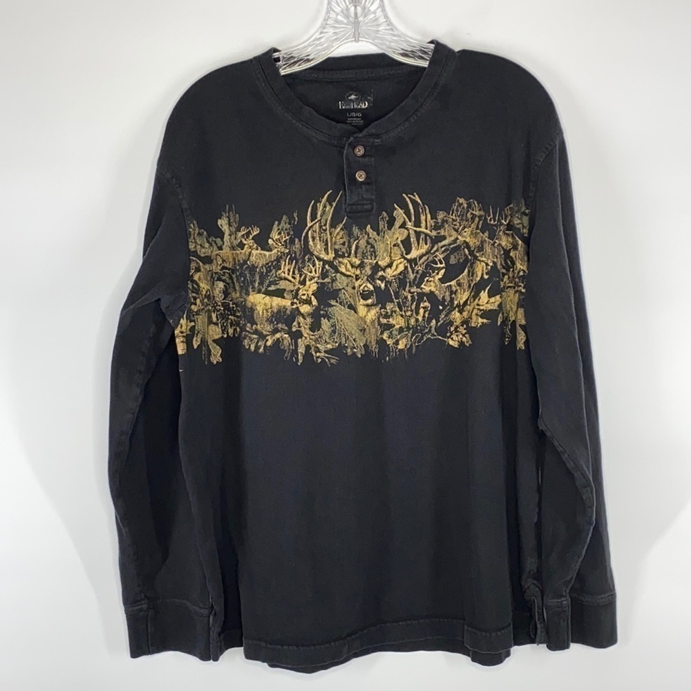 Redhead Whitetail Buck Black Long Sleeve Henley Shirt Size Large